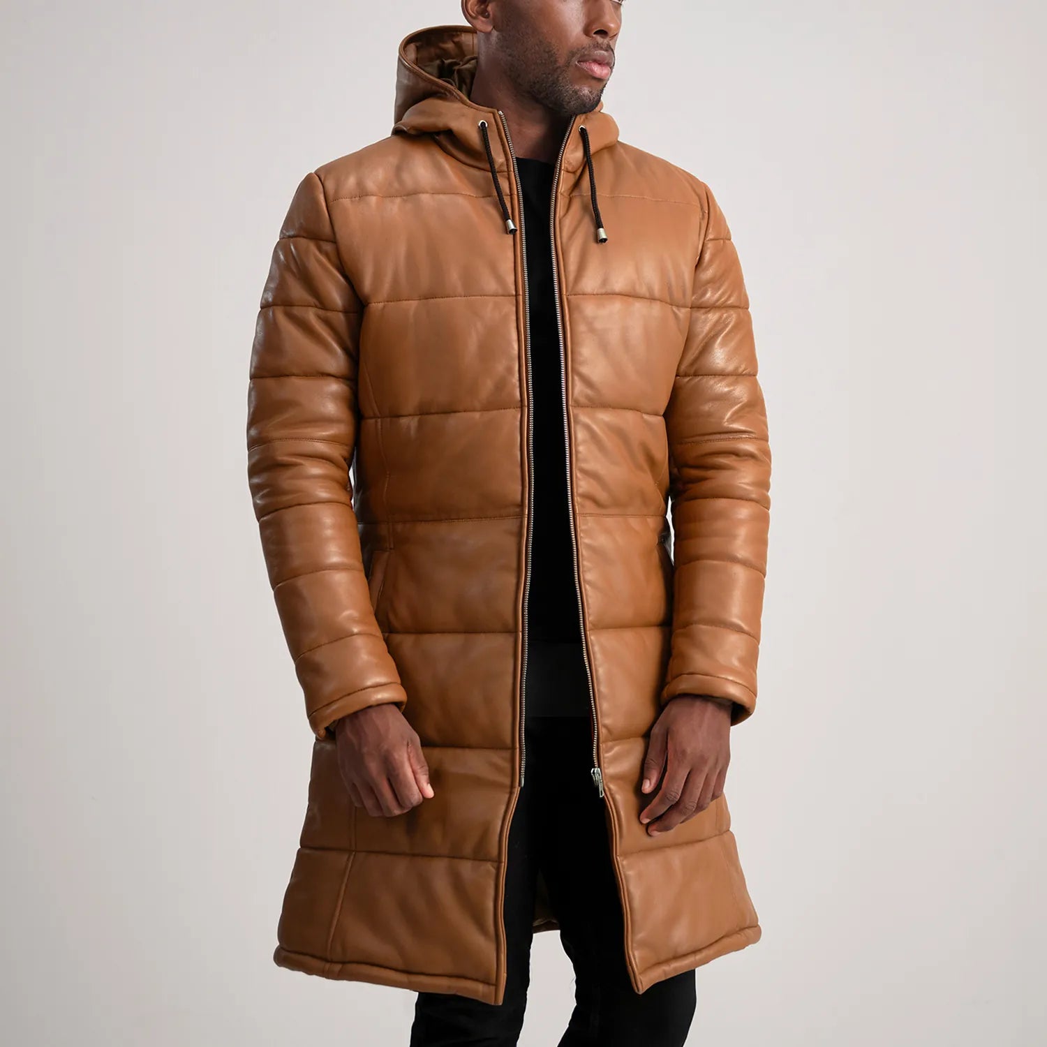Floyd Tan Hooded Leather Puffer Coat - Main Image