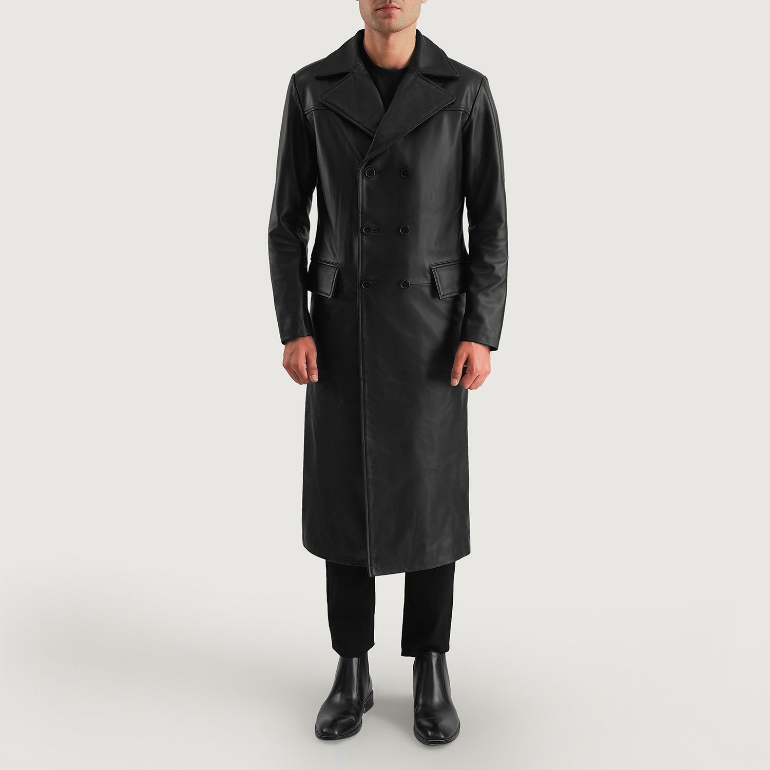 ワコマリア　LEATHER DOUBLE BREASTED COAT Delmar Black Leather Double Breasted Coat For Men – The Jacket Maker